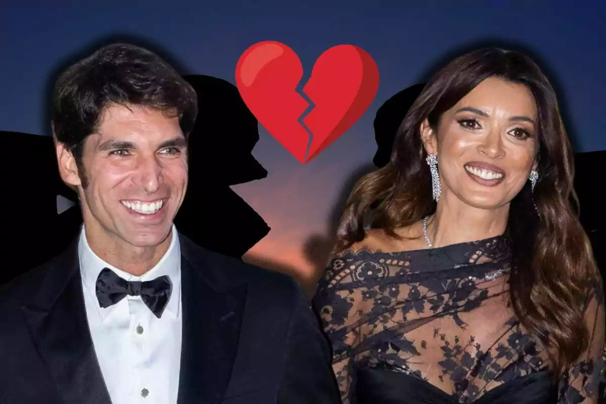 Cayetano Rivera i María Cerqueira somrient vestida de gala amb un cor trencat al fons.