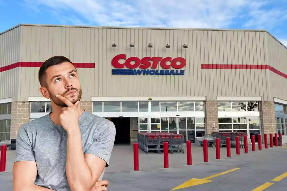 Muntatge d´un supermercat Costco i un home pensatiu Muntatge d´un supermercat Costco i un home pensatiu