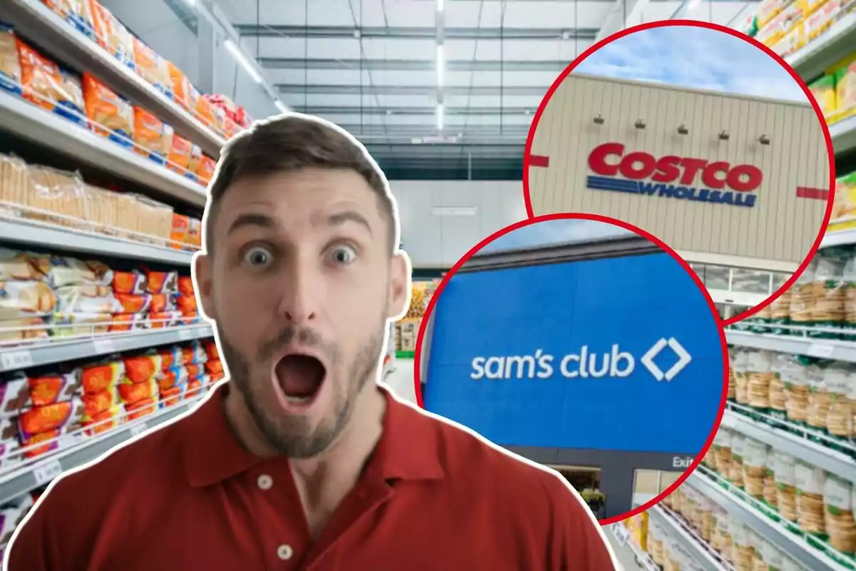 Un home sorprès en un passadís de supermercat amb imatges de les façanes de Costco i Sam's Club en cercles vermells.