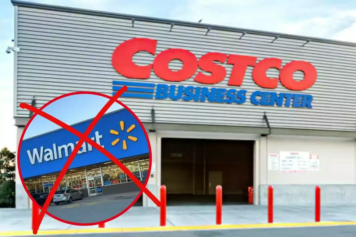 Entrance of a Costco Business Center with a prohibition symbol over an image of Walmart.