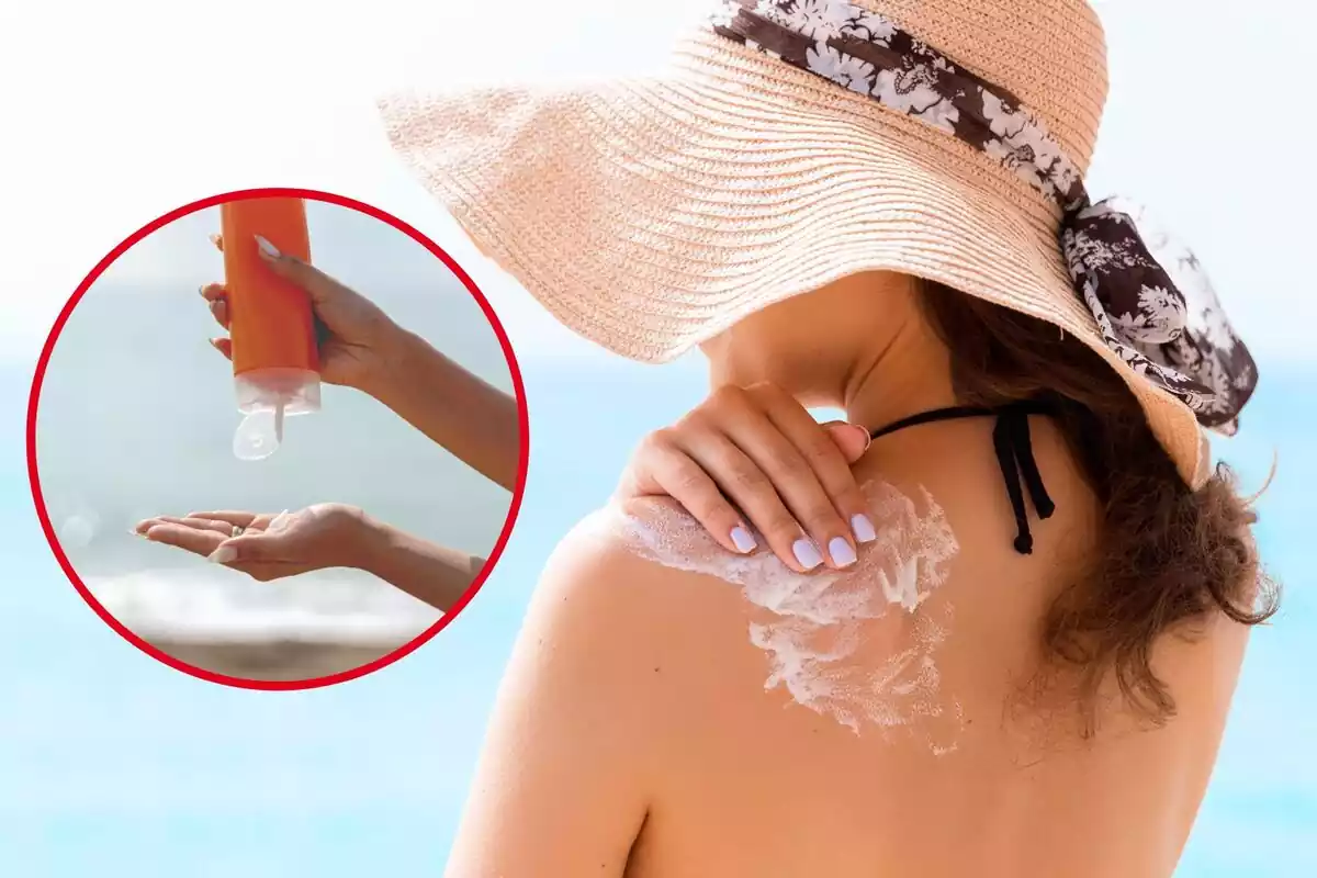 Una dona s'aplica a l'esquena crema solar, i al cercle, un pot de crema aplicada a la mà Una dona s'aplica a l'esquena crema solar, i al cercle, un pot de crema aplicada a la mà