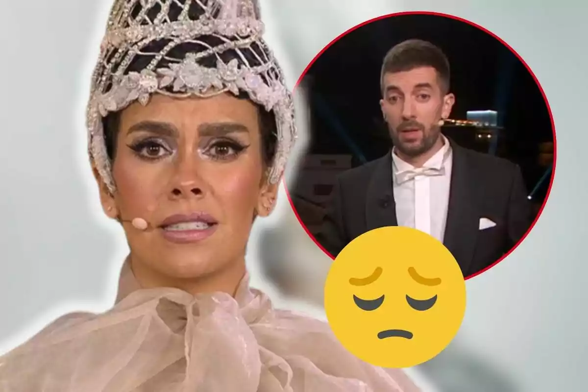 Cristina Pedroche amb un elaborat tocat i expressió seriosa apareix en primer pla mentre David Broncano en esmòquing es mostra en un cercle vermell al fons al costat d'un emoji de cara trista.