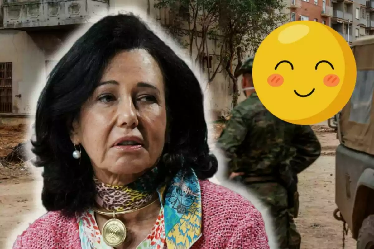 Ana Botín amb cabell fosc i un mocador colorit està en primer pla, mentre que al fons es veu un edifici deteriorat i un soldat amb un emoji somrient cobrint la cara.