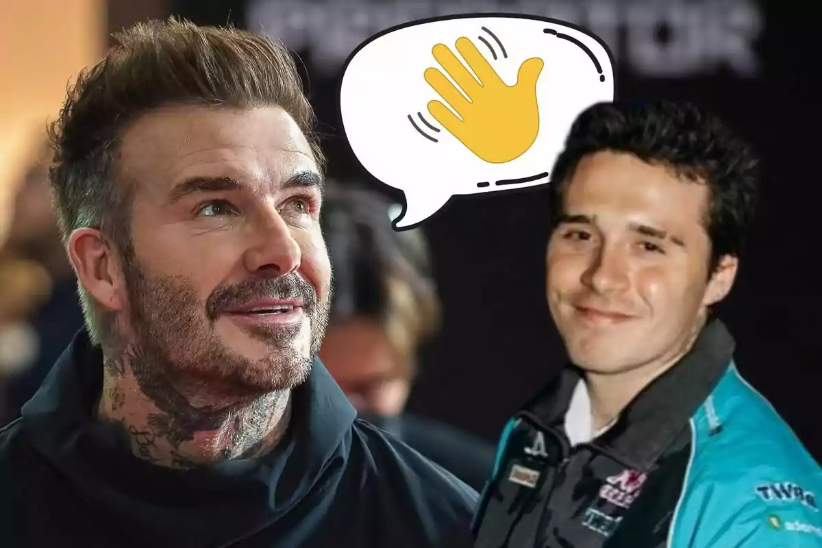 David Beckham i Brooklyn Beckham, un amb tatuatges al coll i un altre amb una jaqueta esportiva, amb un emoji de mà saludant en un globus de diàleg.