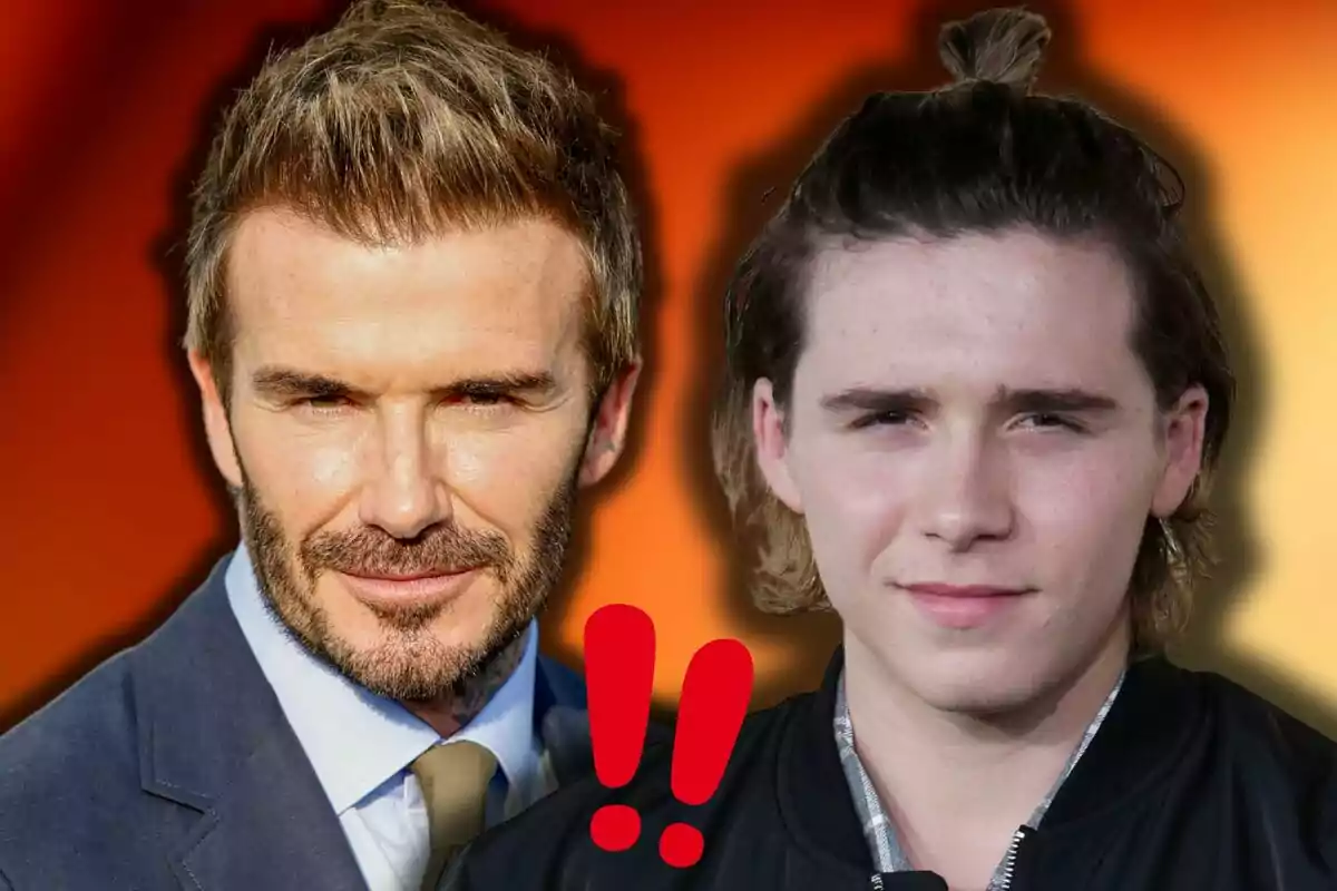 David and Brooklyn Beckham posing together with a blurred background in warm tones and a red exclamation mark in the center.