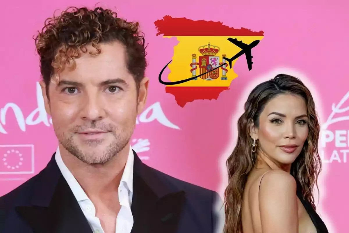 David Bisbal i Rosanna Zanetti posen davant d?un fons rosa amb un gràfic d?un mapa d?Espanya i un avió.