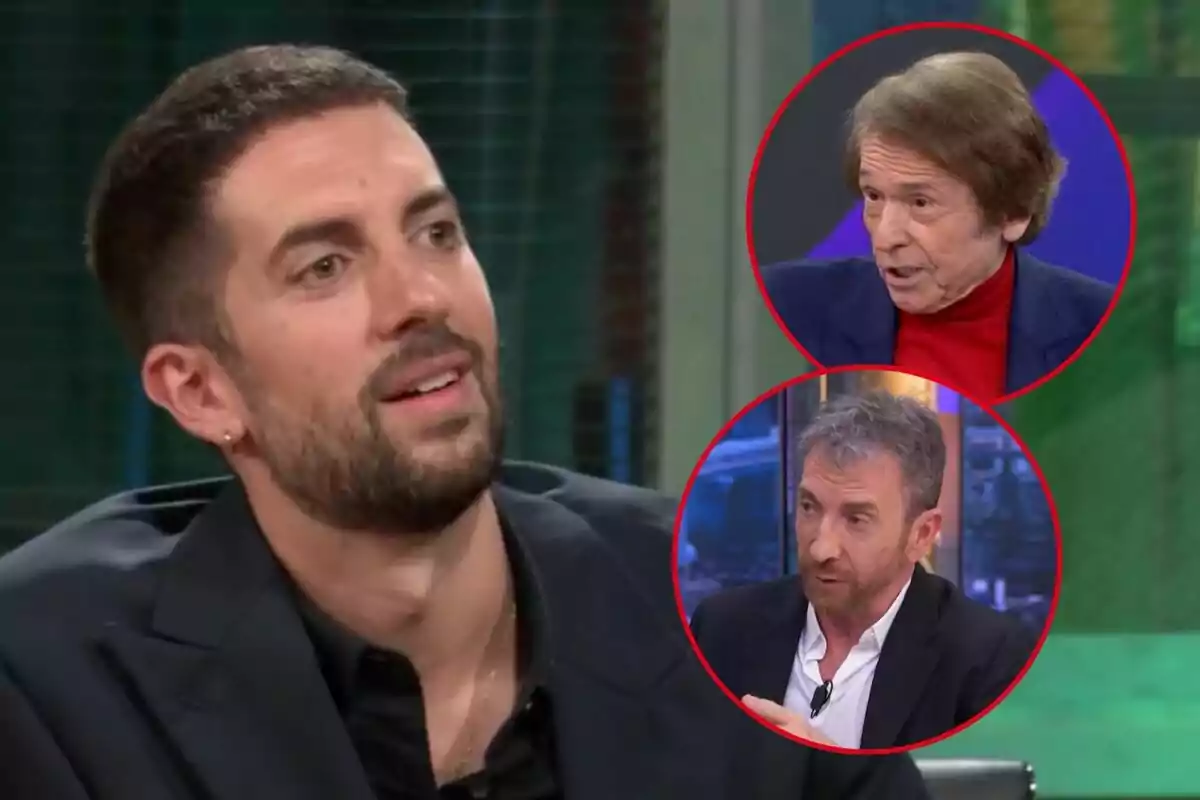 David Broncano amb barba i jaqueta fosca apareix en primer pla, mentre que en dos cercles vermells es mostren Raphael i Pablo Motos en un entorn d'estudi de televisió.