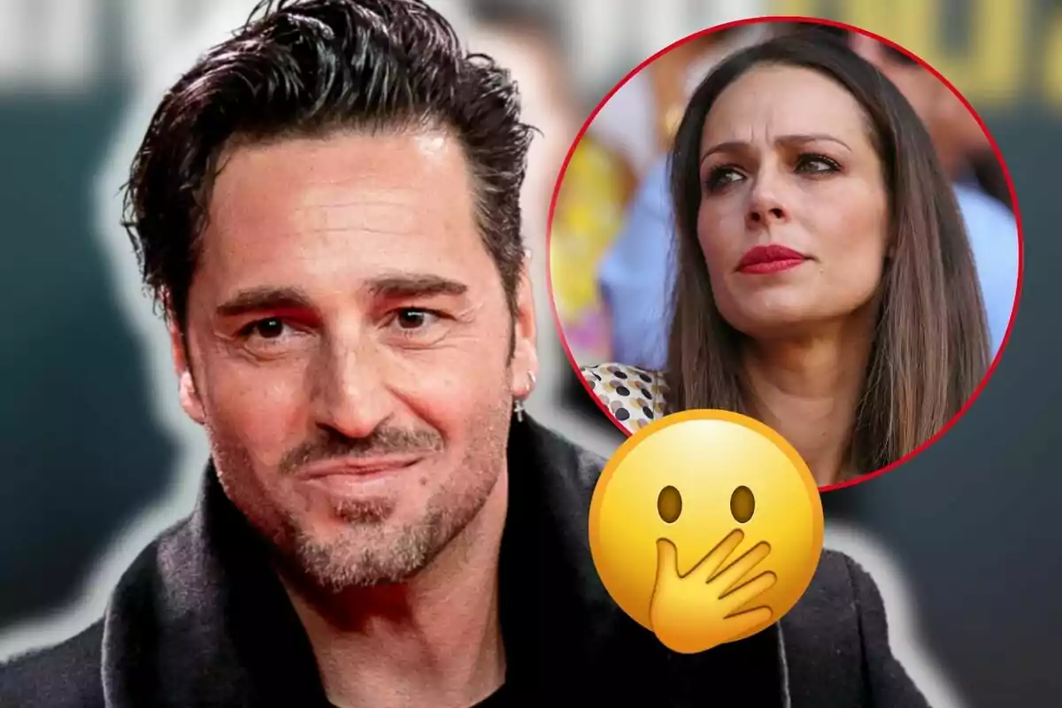 David Bustamante amb expressió pensativa i Eva González en un cercle vermell amb un emoji de sorpresa a primer pla.