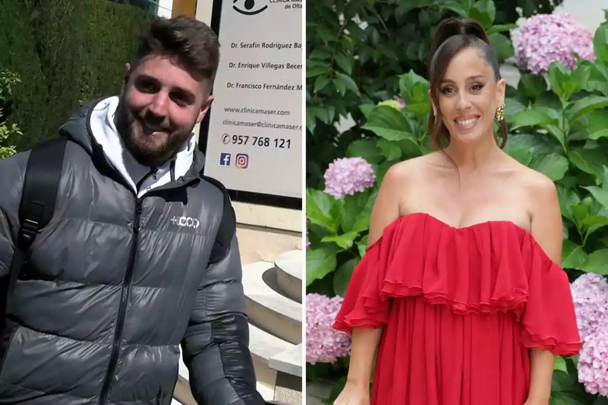 David Rodríguez y Anabel Pantoja posando en diferentes entornos, una con chaqueta gris y mochila frente a un cartel y otra con vestido rojo frente a un fondo de hortensias.