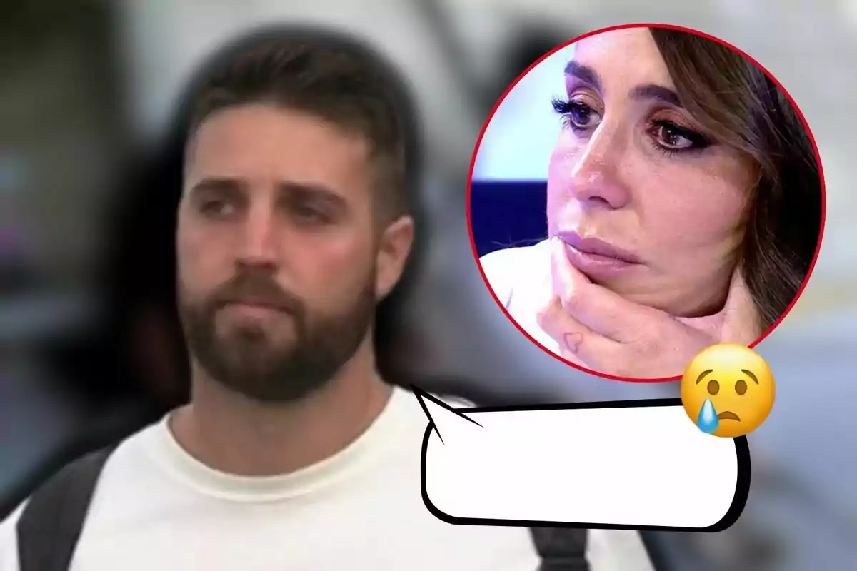 David Rodríguez amb expressió seriosa i Anabel Pantoja en un requadre amb expressió trista, acompanyada d'un emoji plorant i un globus de diàleg buit.