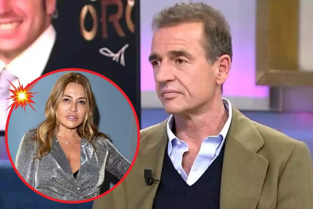 Un home amb jaqueta marró i camisa blanca apareix en un programa de televisió, mentre que en un cercle vermell es mostra la imatge d?una dona amb cabell ros i una brusa platejada.