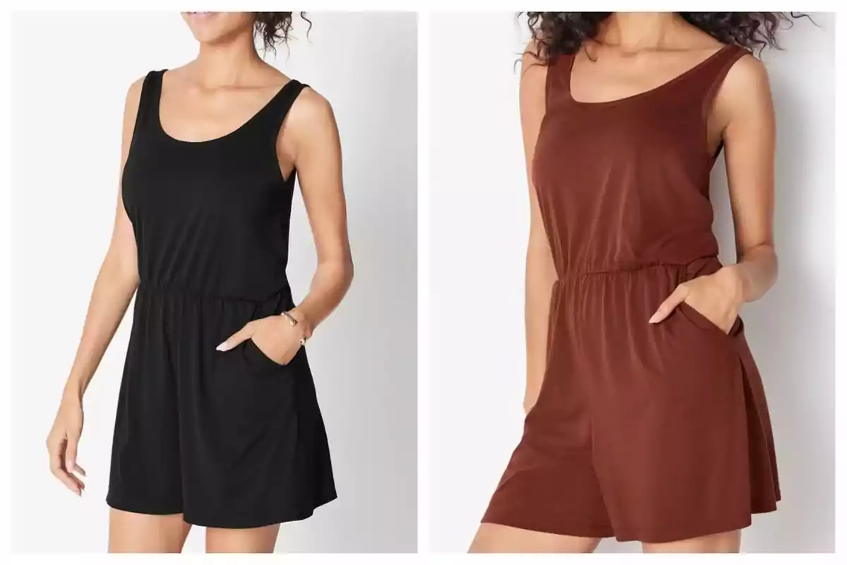 Dues dones llueixen un mono curt sense mànigues de Lidl, una de color negre i l’altra de color marró, totes dues amb les mans a les butxaques. Dues dones llueixen un mono curt sense mànigues de Lidl, una de color negre i l’altra de color marró, totes dues amb les mans a les butxaques.