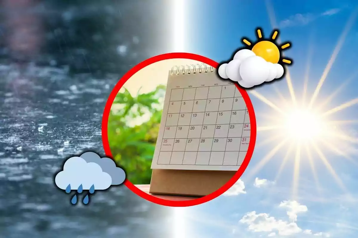 Imatge d'un calendari al centre amb un fons dividit entre un clima plujós a l'esquerra i assolellat a la dreta. Imatge d'un calendari al centre amb un fons dividit entre un clima plujós a l'esquerra i assolellat a la dreta.