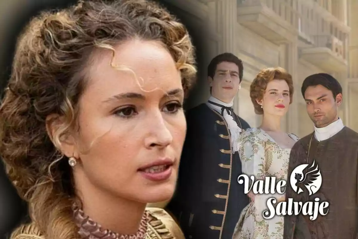 Marina Sabadell amb pentinat arrissat i expressió seriosa en primer pla, al fons tres persones vestides amb vestits d'època al costat d'un edifici antic, amb el text "Valle Salvaje" a la imatge.