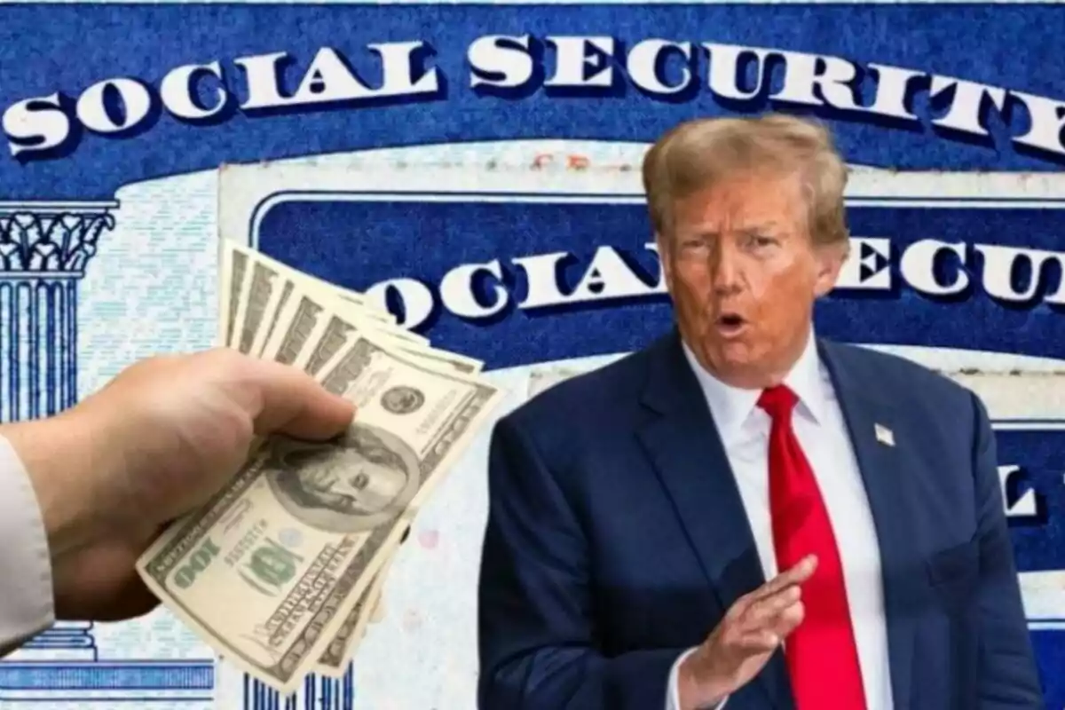 A man in a suit with a red tie appears in front of a Social Security card while a hand holds several dollar bills. A man in a suit with a red tie appears in front of a Social Security card while a hand holds several dollar bills.