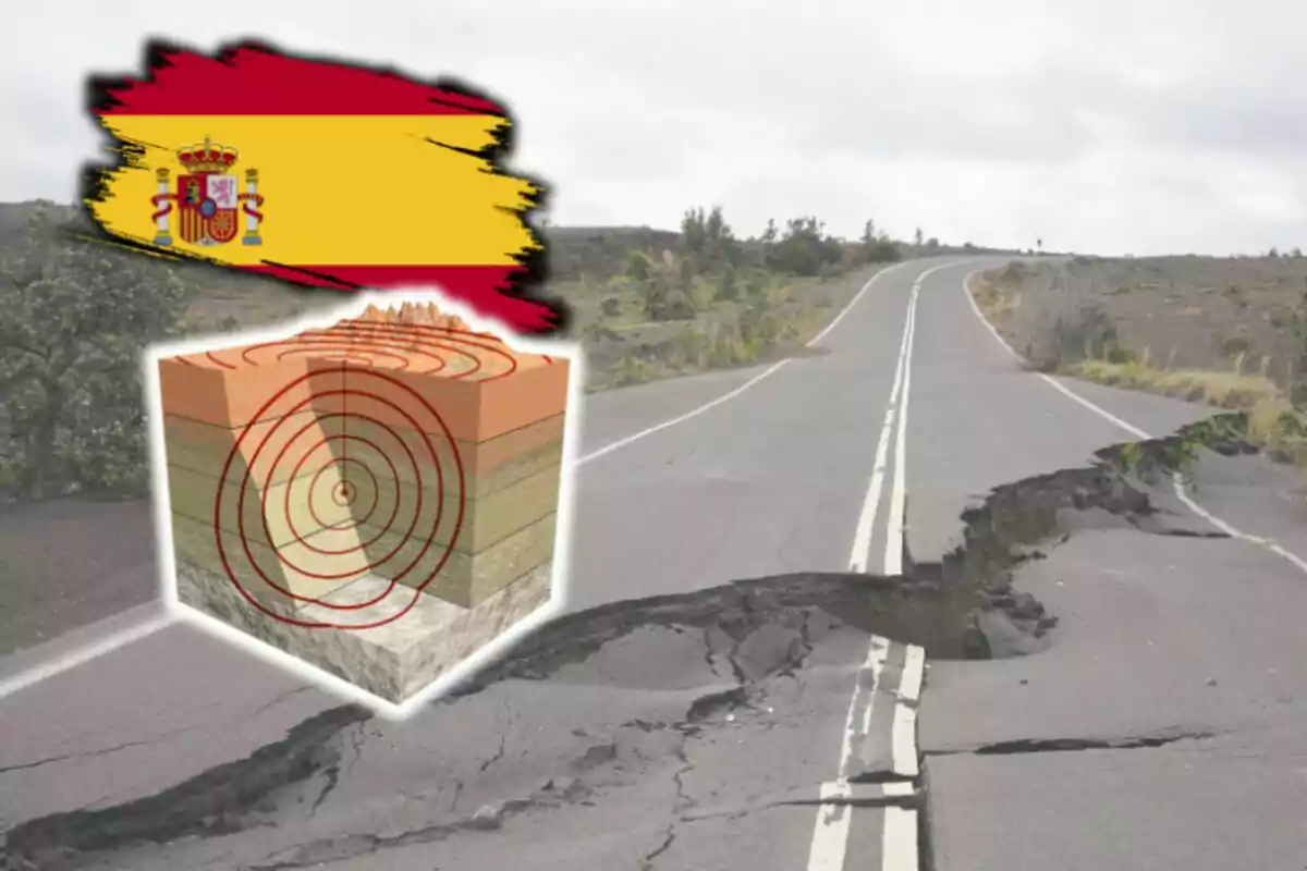 Carretera esquerdada amb un gràfic d'ones sísmiques i la bandera d'Espanya a la cantonada superior esquerra.