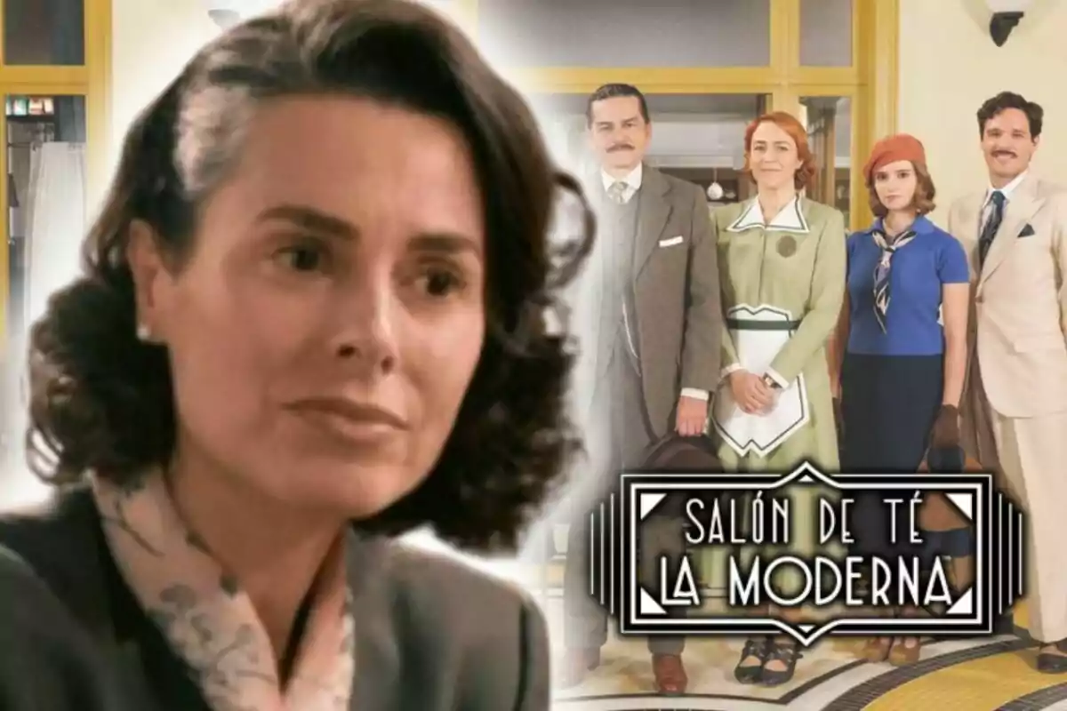 Begoña Maestre en primer pla amb expressió seriosa i un grup de persones elegantment vestides al fons al costat del text "Saló de Te La Moderna".