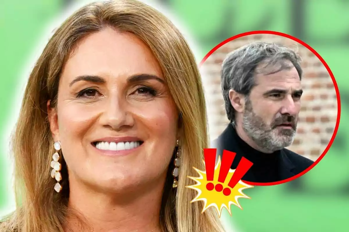 Muntatge de fotos de primer pla de Carlota Corredera somrient i el seu marit, Carlos de la Maza, amb cara seriosa i signes d'exclamació al costat.