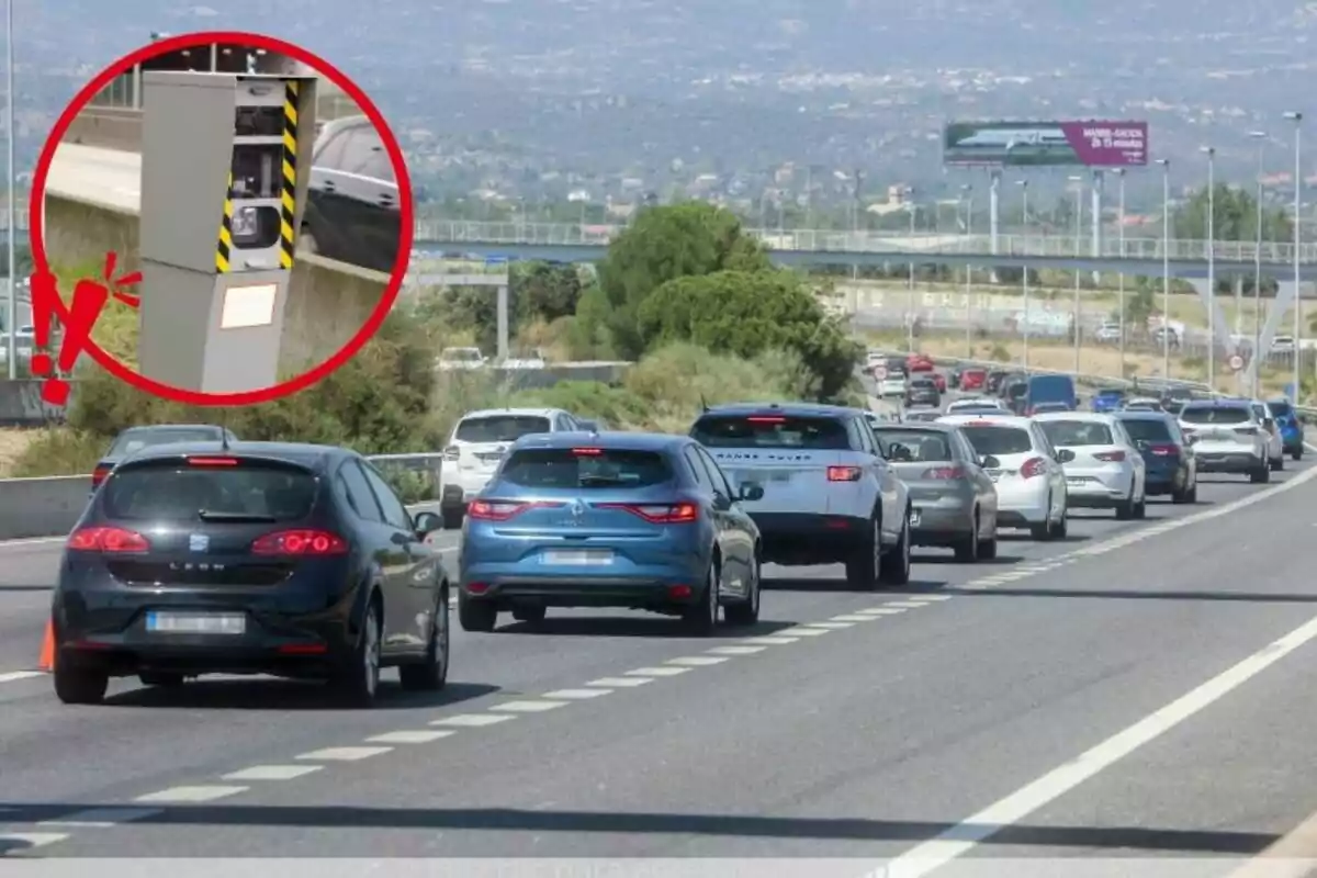 Muntatge de fotos d'una carretera amb trànsit i una màquina de radar