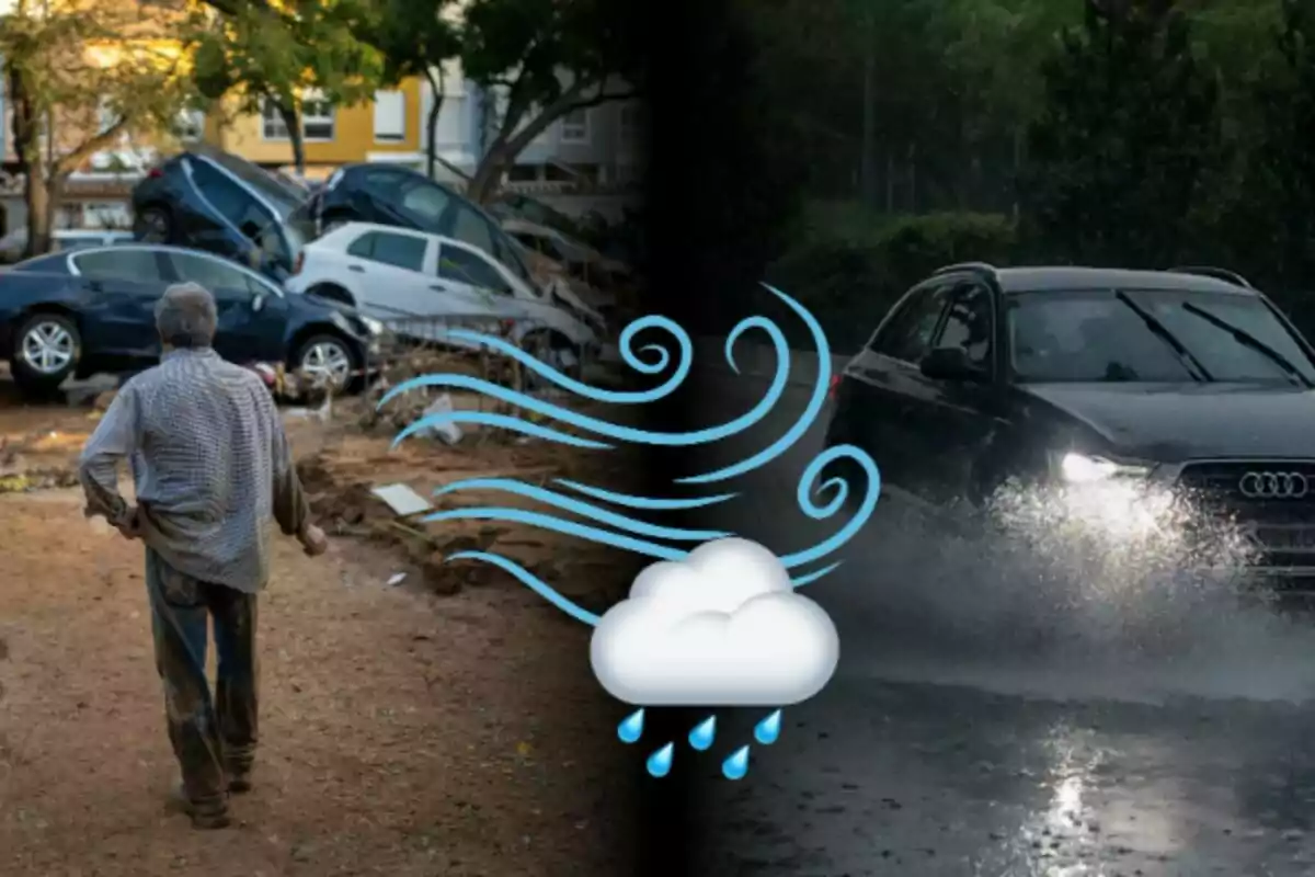 Un home observa diversos cotxes apilats darrere d'una tempesta mentre un cotxe circula per una carretera mullada sota la pluja.