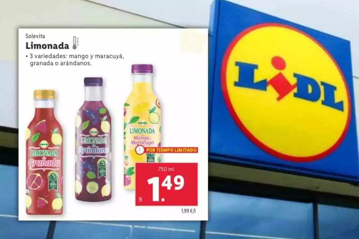 Promoció de llimonada Solevita en tres sabors diferents juntament amb el logotip de la botiga Lidl i el preu d’1,49 euros per ampolla de 750 ml Promoció de llimonada Solevita en tres sabors diferents juntament amb el logotip de la botiga Lidl i el preu d’1,49 euros per ampolla de 750 ml
