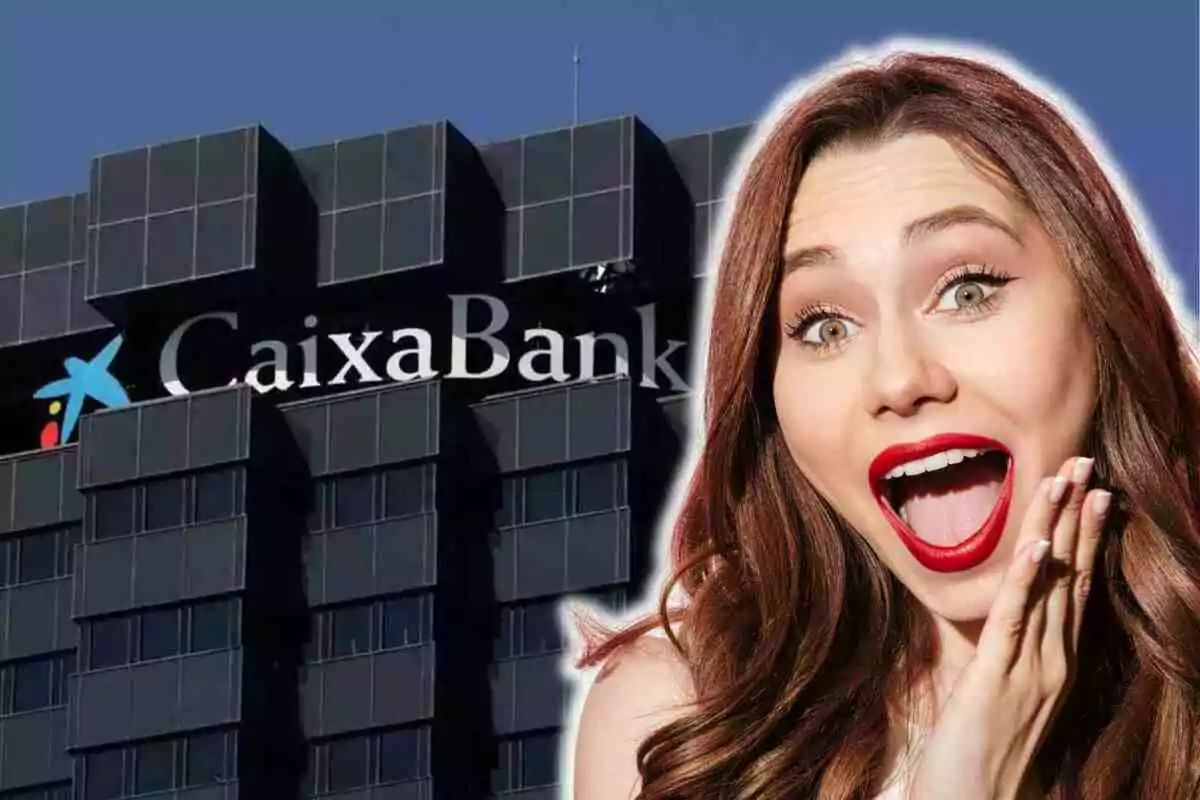 Dona jove amb expressió de sorpresa davant d’un edifici de CaixaBank