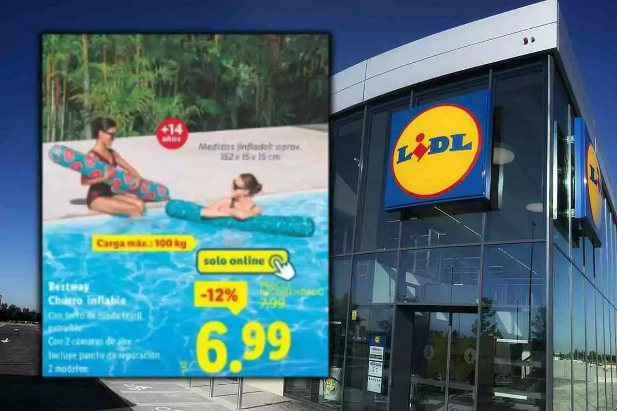 Publicitat de Lidl mostrant un xurro inflable per a piscina amb dues dones fent-lo servir i el preu destacat a la cantonada inferior dreta, al costat de la façana d’una botiga Lidl. Publicitat de Lidl mostrant un xurro inflable per a piscina amb dues dones fent-lo servir i el preu destacat a la cantonada inferior dreta, al costat de la façana d’una botiga Lidl.