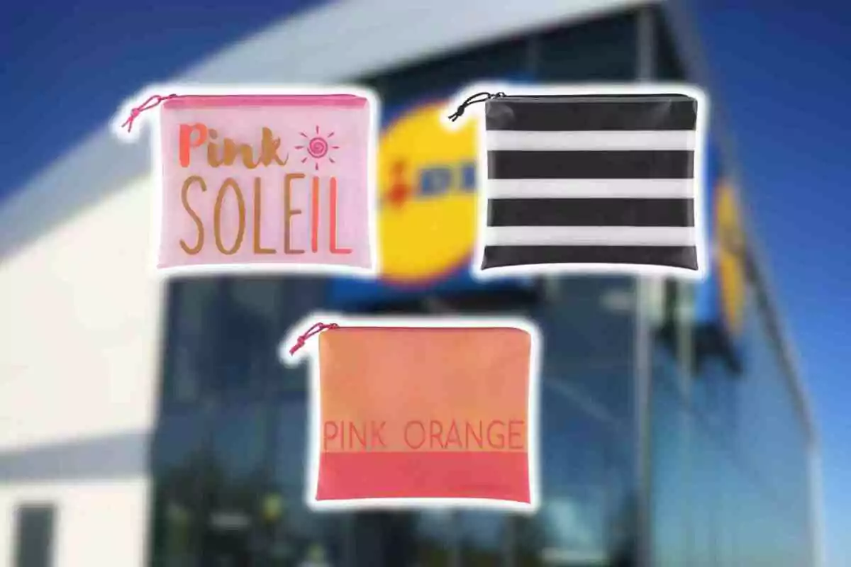 Tres necessers de diferents colors i dissenys floten davant la façana d’una botiga Lidl desenfocada. Tres necessers de diferents colors i dissenys floten davant la façana d’una botiga Lidl desenfocada.