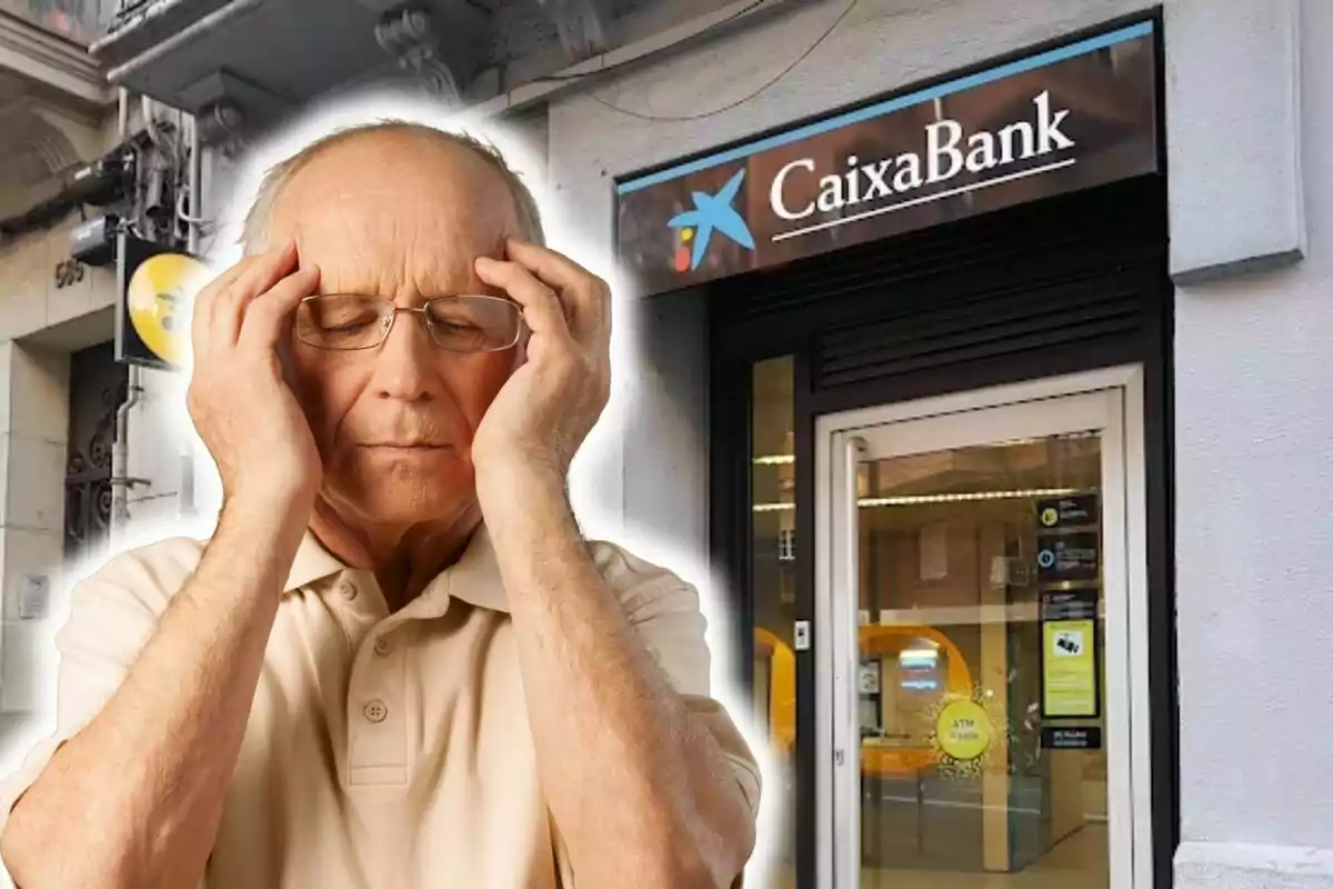 Un home gran amb expressió de preocupació es toca el cap davant una sucursal de CaixaBank.