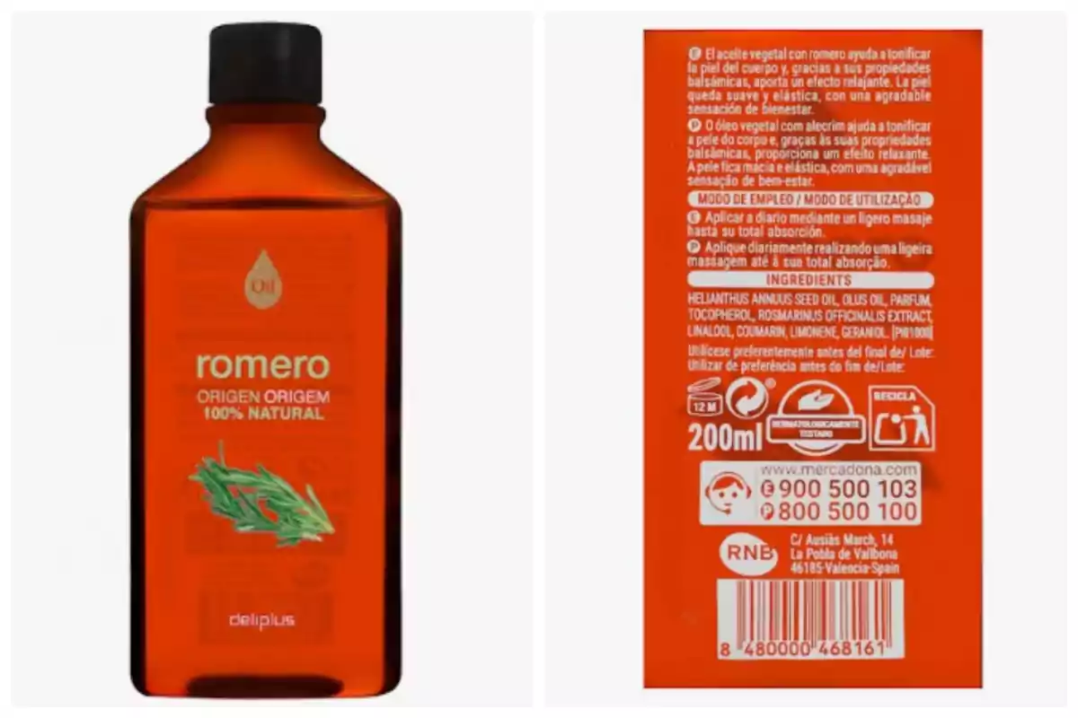 Ampolla d'oli de romaní 100% natural de la marca Deliplus amb etiqueta en espanyol i portuguès que descriu les seves propietats tonificants i relaxants, mode d'ocupació, ingredients i capacitat de 200 ml.