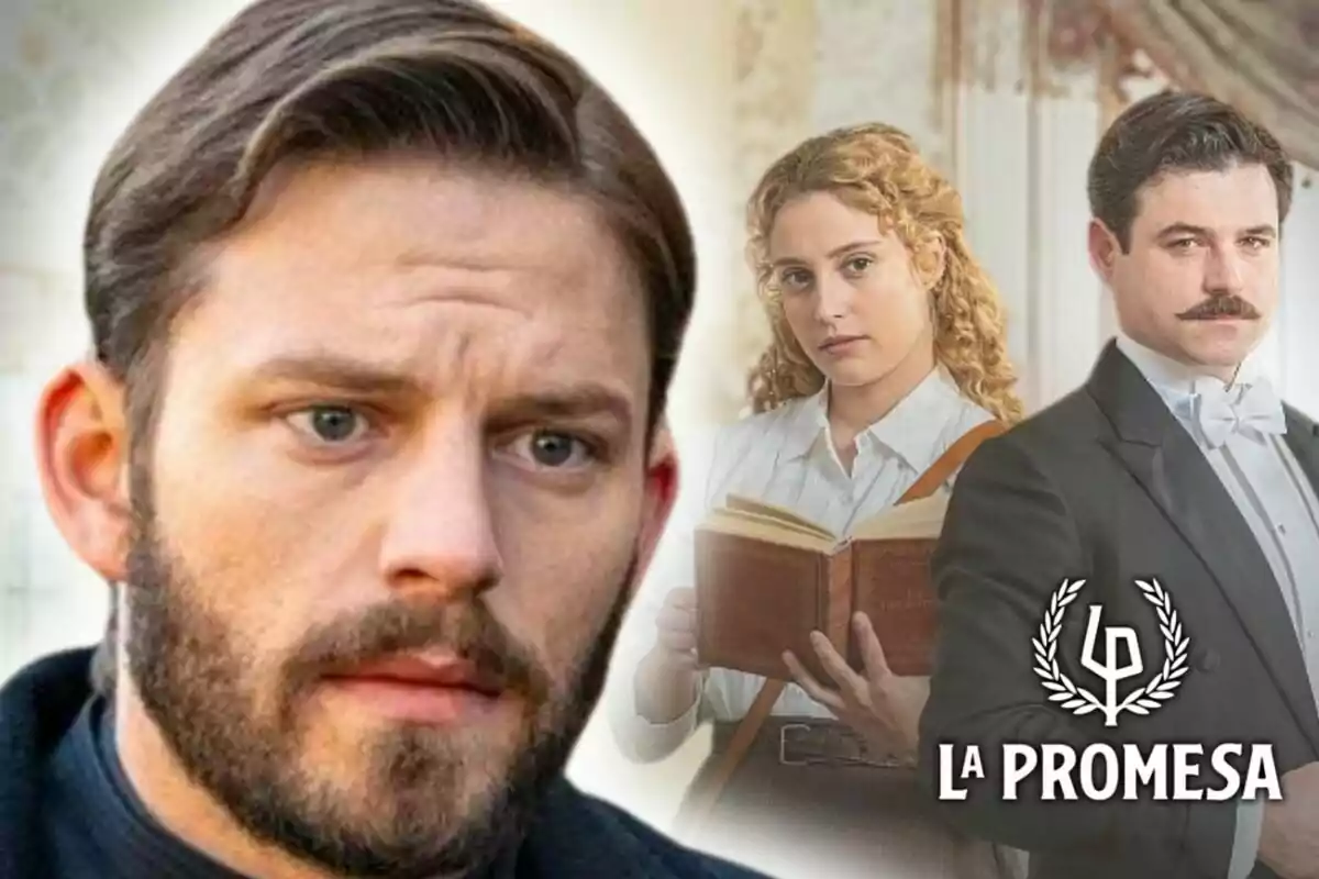 Primer pla de Daniel Schröder amb expressió seriosa i al fons una dona amb un llibre i un home amb bigoti vestits d’època al costat del logotip de 'La Promesa'.