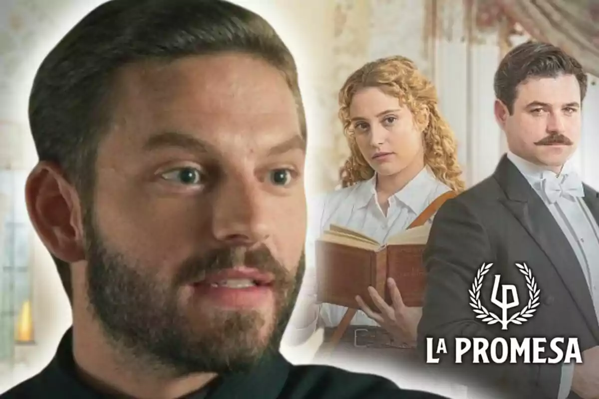 Primer pla de Daniel Schröder amb barba i al fons una dona amb un llibre i un home amb bigoti, al costat del logotip de la sèrie 'La Promesa'.
