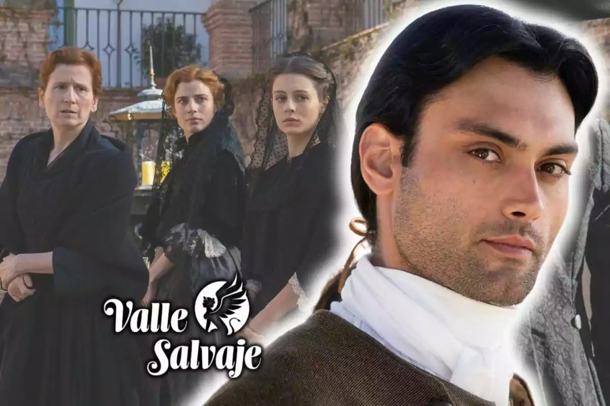 Imatge promocional de la sèrie "Valle Salvaje" amb quatre personatges, tres dones vestides de negre i l'actor Marco Pernas en primer pla.