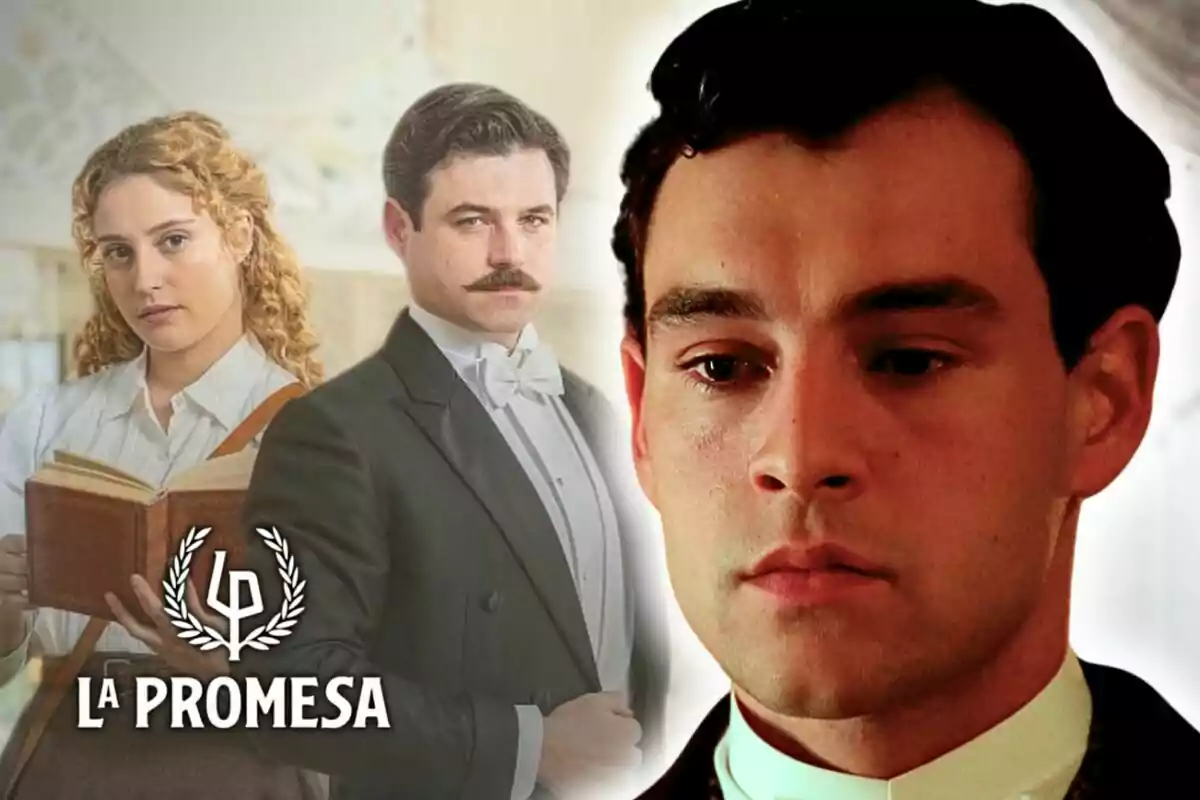 Tres persones en un entorn d'època, una dona amb un llibre i dos homes, un d'ells en primer pla -que és l'actor Xavi Lock-, amb el logotip de "La Promesa".