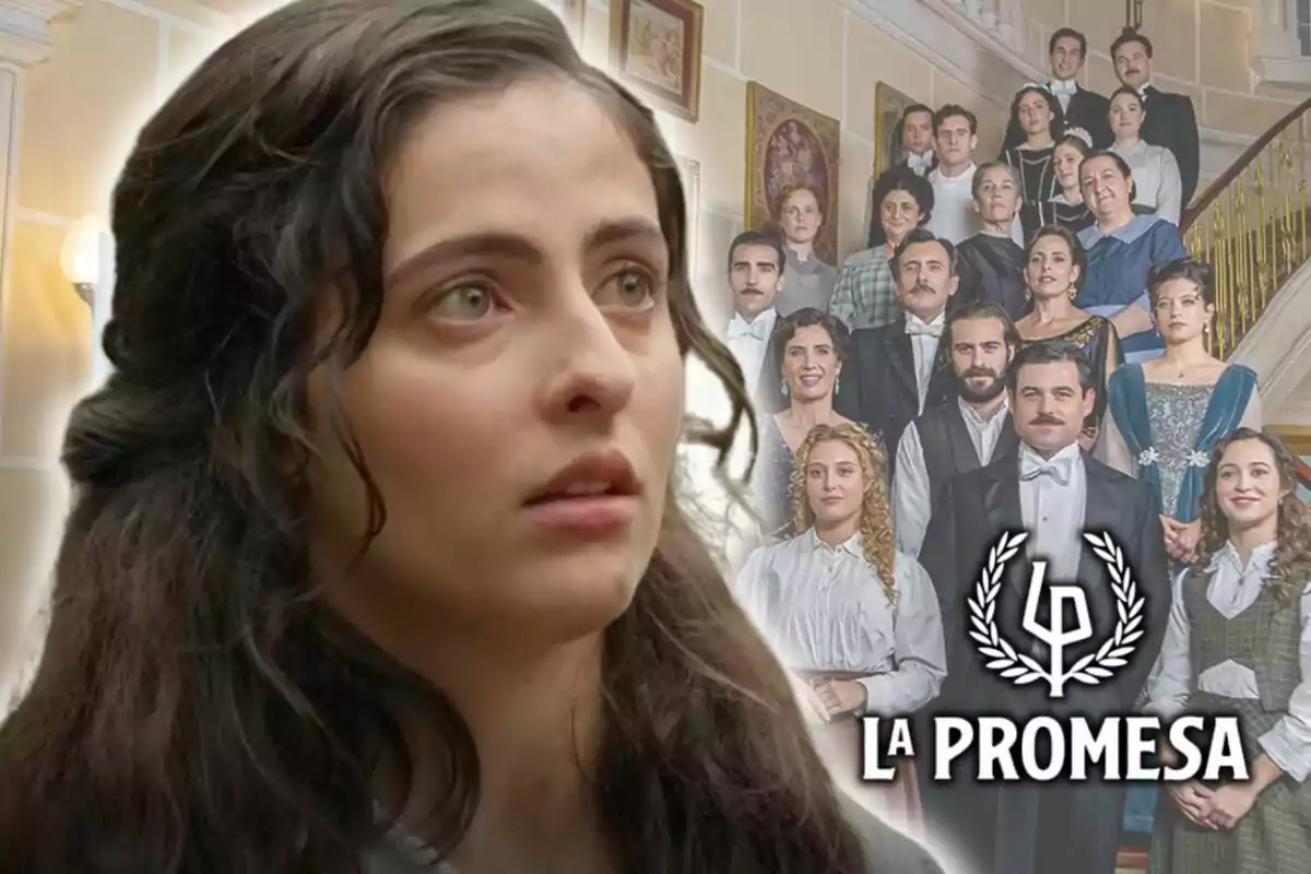 Ángela Echaniz amb expressió preocupada en primer pla i un grup de persones al fons, amb el text "La Promesa" a la part inferior dreta.