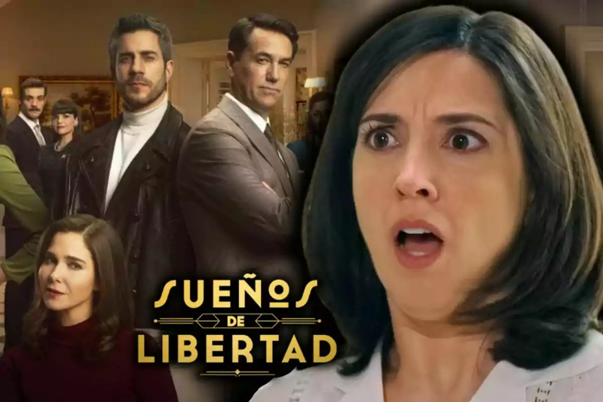 Diversos personatges d’una sèrie posen junts mentre l’actriu Carolina Lapausa en primer pla mostra una expressió de sorpresa al costat del títol ‘Sueños de Libertad’.