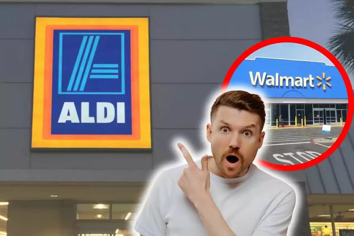 Un home sorprès assenyala cap a un rètol d'Aldi amb un cercle que mostra una botiga de Walmart.