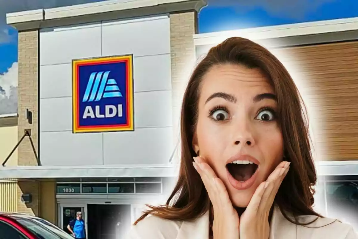 A woman with a surprised expression in front of an Aldi store.