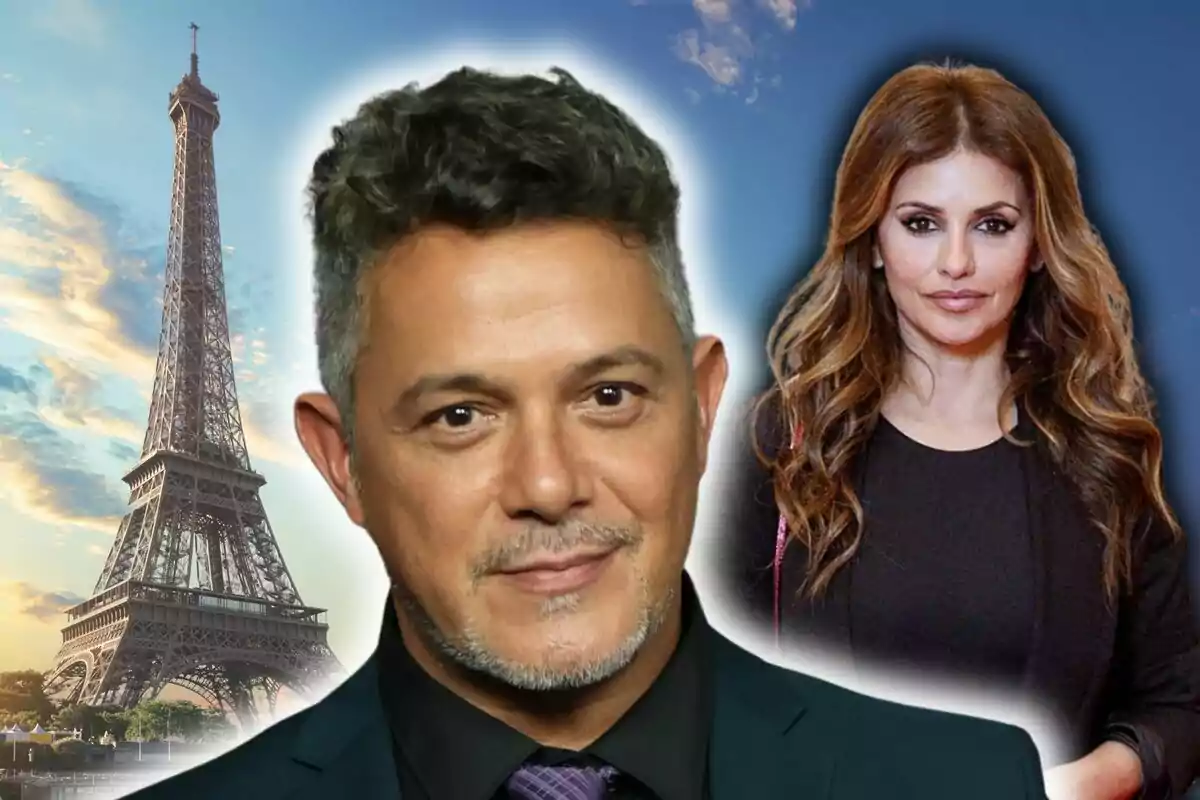 Muntatge de fotos de pla curt d'Alejandro Sanz i Mónica Cruz amb la Torre Eiffel de fons.