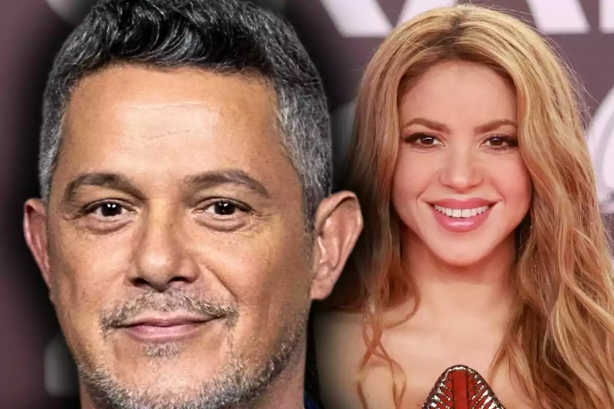 Muntatge de fotos en primer pla d’Alejandro Sanz i Shakira, tots dos amb el rostre somrient.
