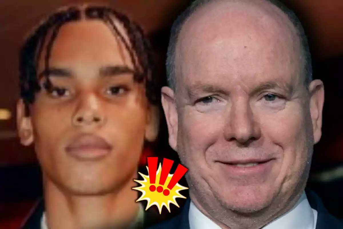 Close-up photo montage of Alexandre Grimaldi and Albert of Monaco with an exclamation emoji in the center.
