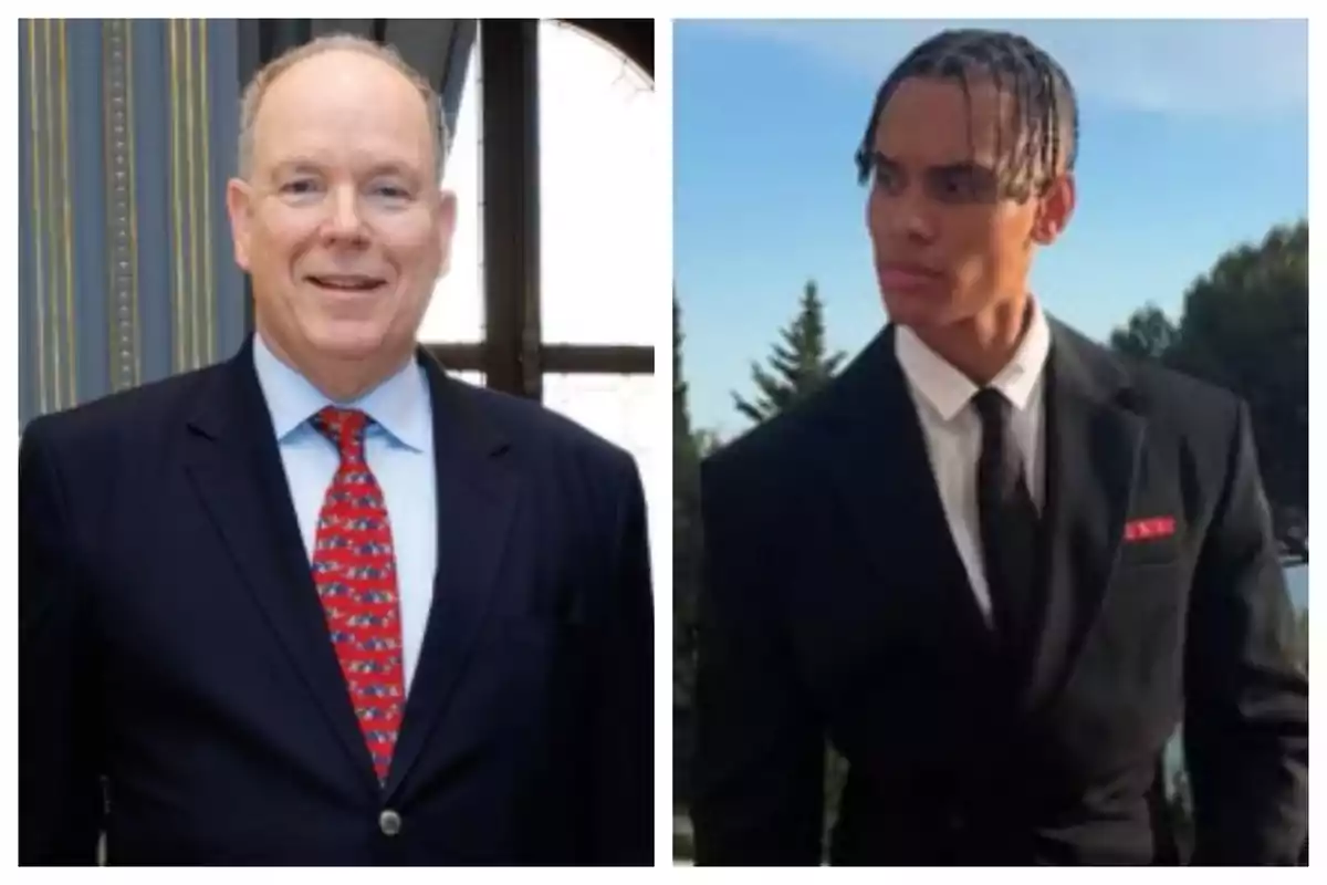 Montaje de fotos de plano medio de Alberto de Mónaco sonriente y Alexandre Grimaldi con rostro serio, ambos vestidos de traje.