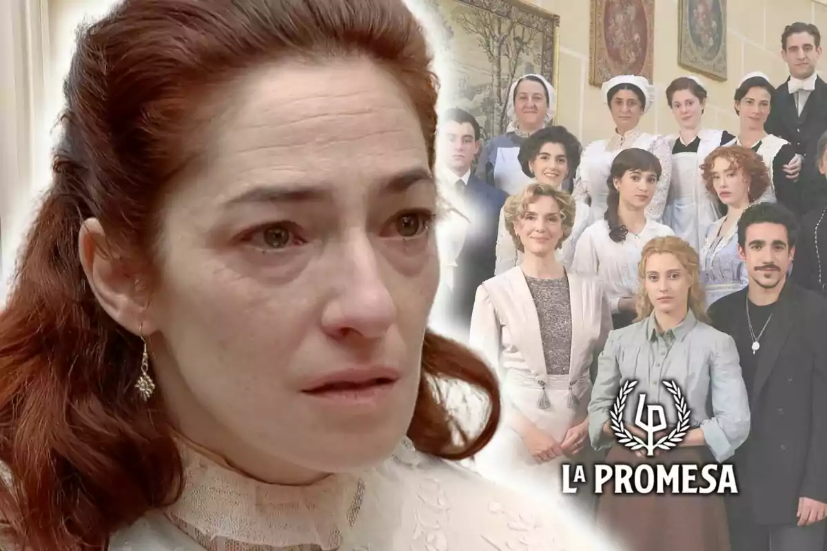 Muntatge de fotos de l'actriu Alicia Moruno amb expressió emotiva en primer pla i un grup de persones al fons, tots vestits amb roba d'època, juntament amb el títol "La Promesa".