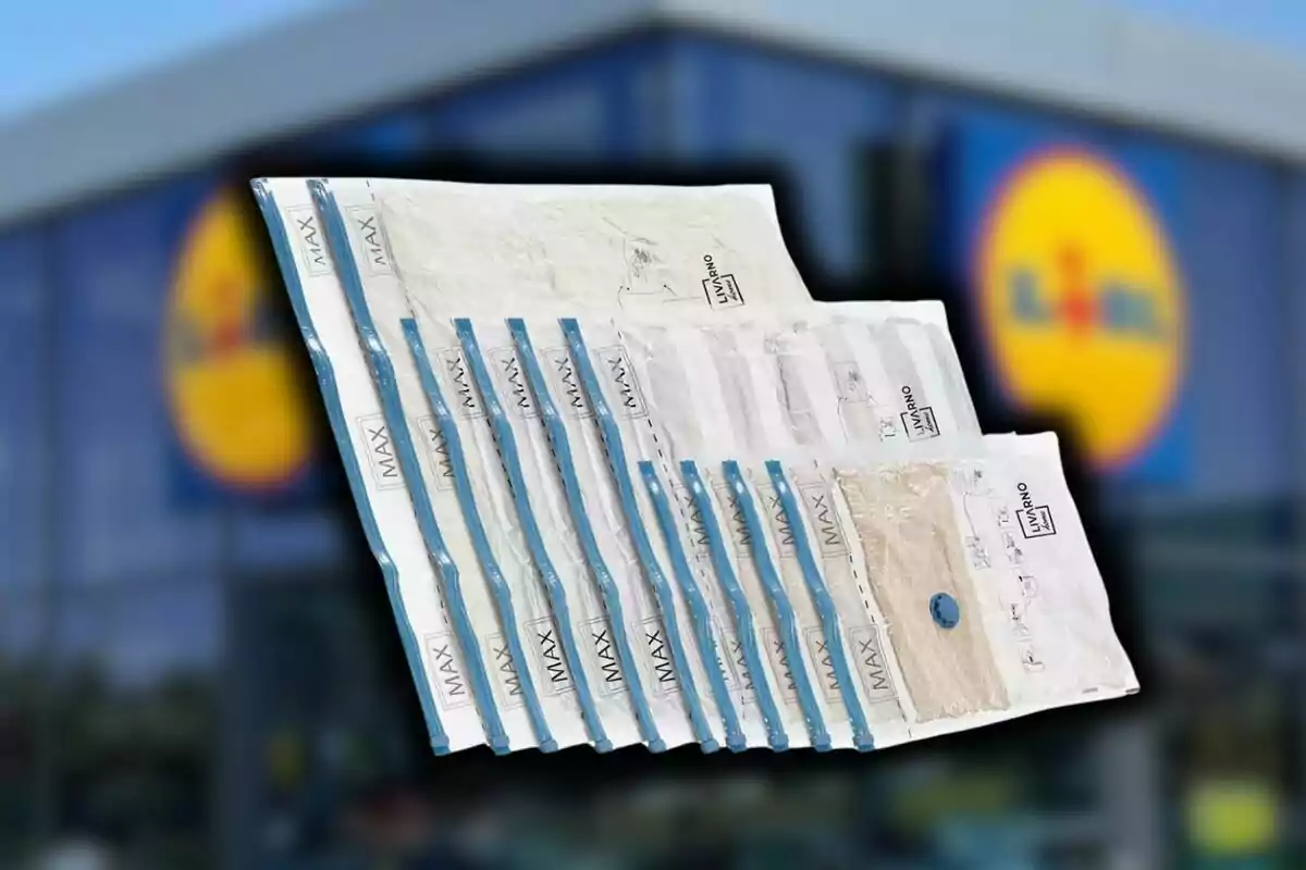 Un conjunt de bosses d'aspiradora de la marca Livarno es mostra davant d'un fons borrós d'una botiga Lidl. Un conjunt de bosses d'aspiradora de la marca Livarno es mostra davant d'un fons borrós d'una botiga Lidl.