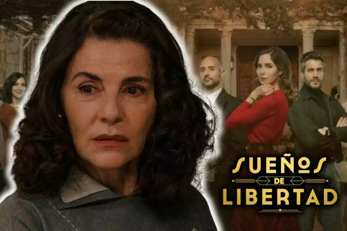 L'actriu Ana Fernández amb els cabells foscos i expressió seria en primer pla, amb un grup de persones al fons i el text "Sueños de Libertad" a la part inferior dreta.