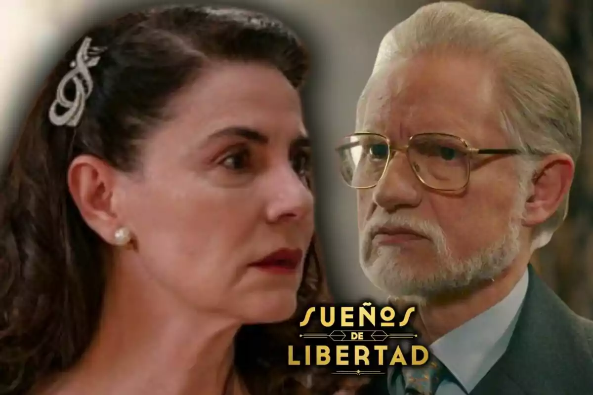 Dos personatges de la sèrie 'Sueños de Libertad' —que són Damián i Digna— mirant-se amb expressions serioses, mentre el logotip de la sèrie apareix a la part inferior de la imatge.
