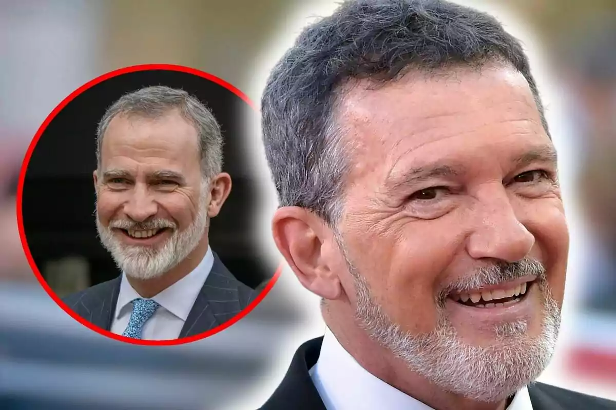 Muntatge de fotos de primer pla de rei Felip VI i, al costat, una imatge d'Antonio Banderas; ambdós somrients.