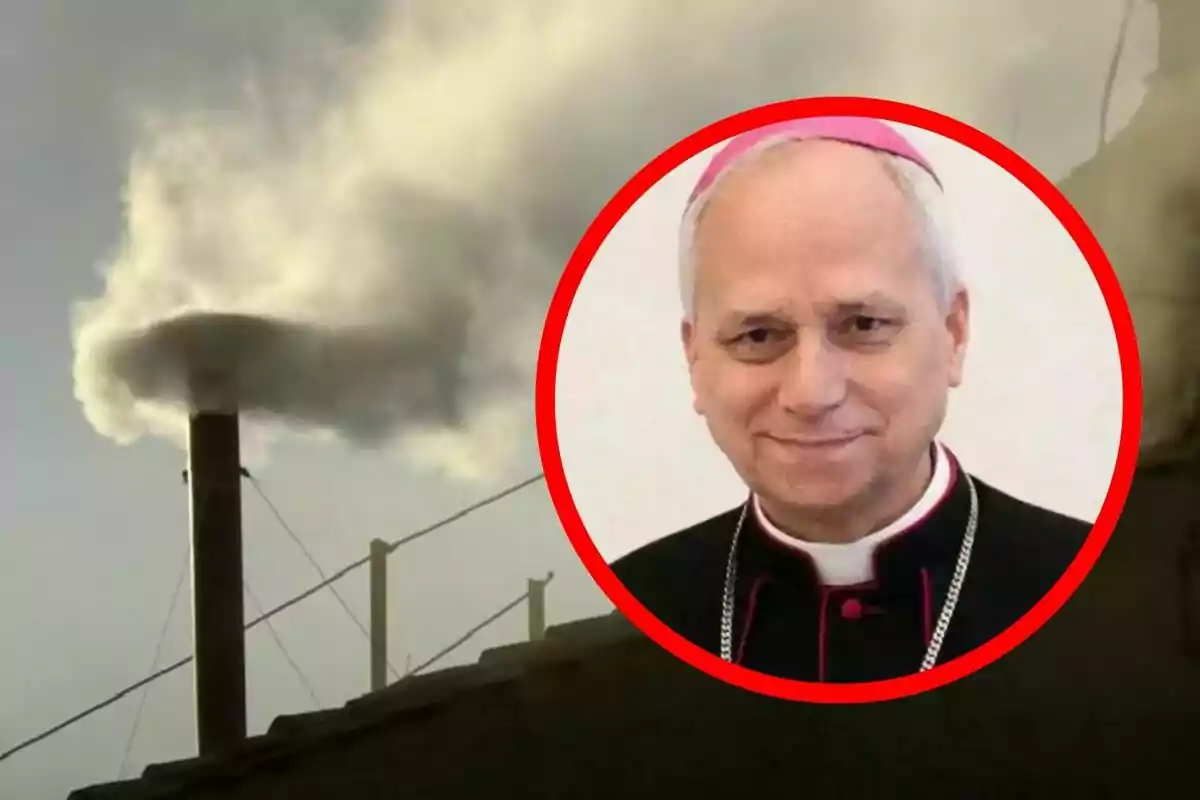 Una chimenea emitiendo humo blanco con un retrato de León XIV en un círculo rojo superpuesto.