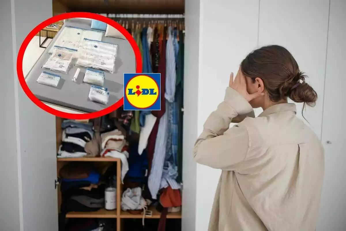 Una dona es cobreix el rostre davant d'un armari desordenat mentre en un cercle vermell es mostren bosses d'emmagatzematge al buit sobre un llit al costat del logotip d'una botiga. Una dona es cobreix el rostre davant d'un armari desordenat mentre en un cercle vermell es mostren bosses d'emmagatzematge al buit sobre un llit al costat del logotip d'una botiga.
