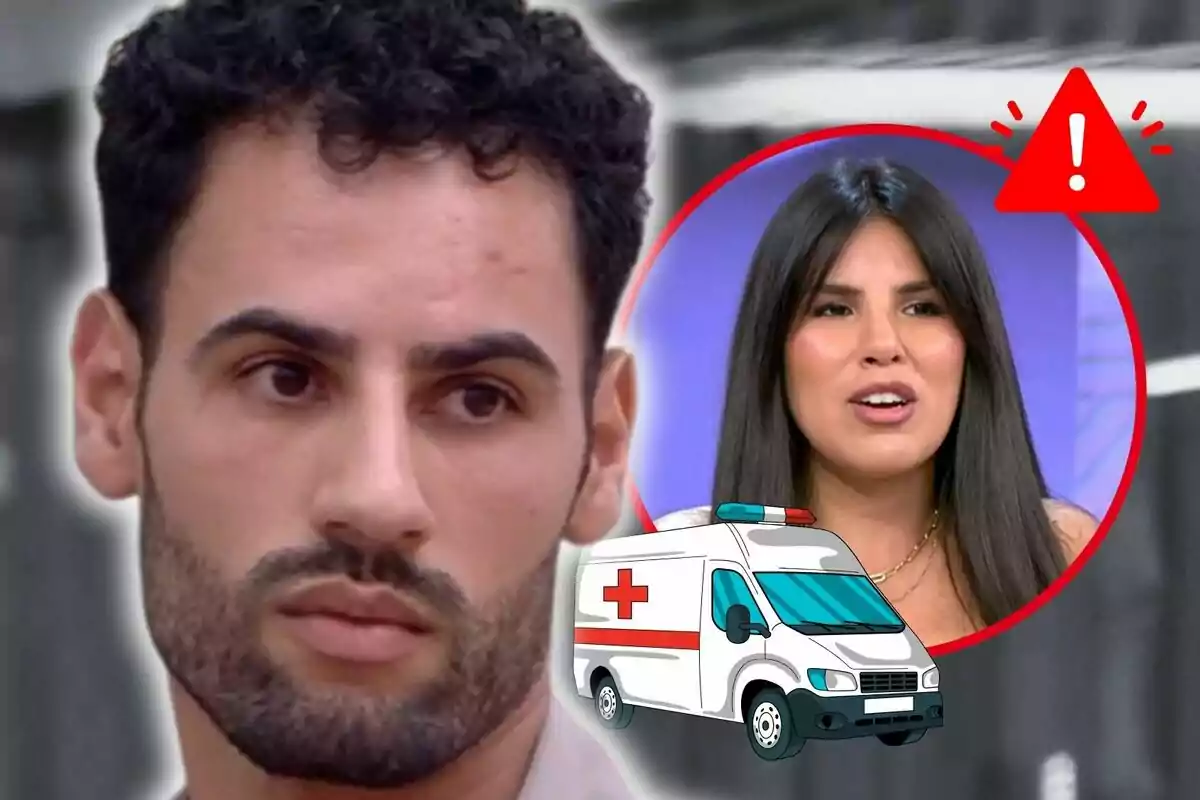 Asraf Beno amb barba i cabell arrissat apareix en primer pla, mentre que en un cercle vermell a la dreta es veu Isa Pantoja parlant, juntament amb una icona d'ambulància i un símbol d'advertència.